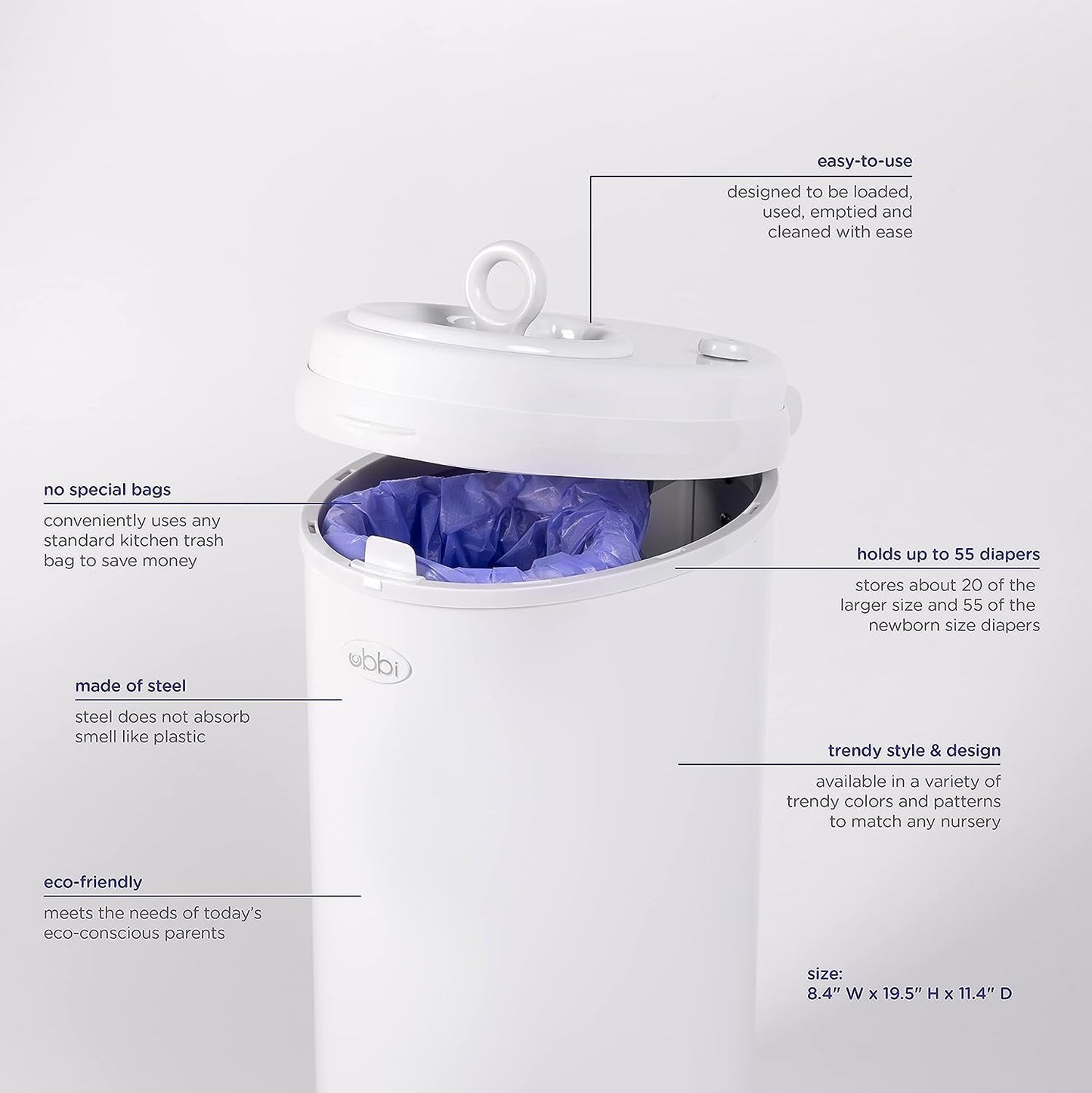 Ubbi Steel Diaper Pail, Odor Locking, No Special Bag Required, Award-Winning, Registry Must-Have, White