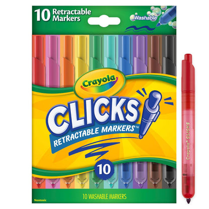 Crayola Clicks Retractable Tip Markers (10ct), Washable Art Marker Set, Coloring Markers for Kids, Back to School Supplies, 3+