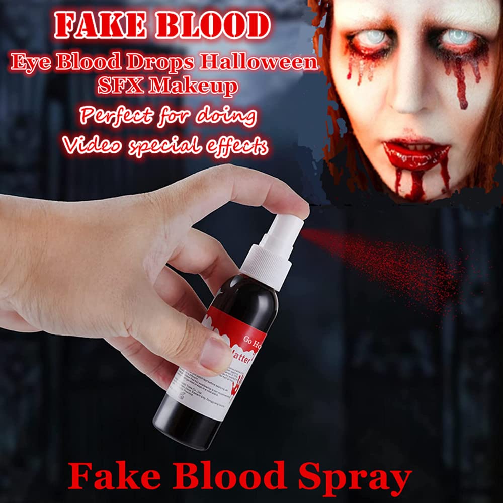 Go Ho Blood Splatter Fake Blood Washable(2.1 oz),Halloween Fake Blood Spray Eye Blood Drops Body Paint,Fake Blood for Clothes and Zombie Monster Vampire Clown Costume Cosplay Makeup,1PC