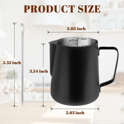 Milk Frothing Pitcher, 12oz Milk Frother Cup with Clear Scale, 304 Stainless Steel Cappuccino Espresso Machine Accessories for Barista Coffee Bar with Latte Art Pen, Black