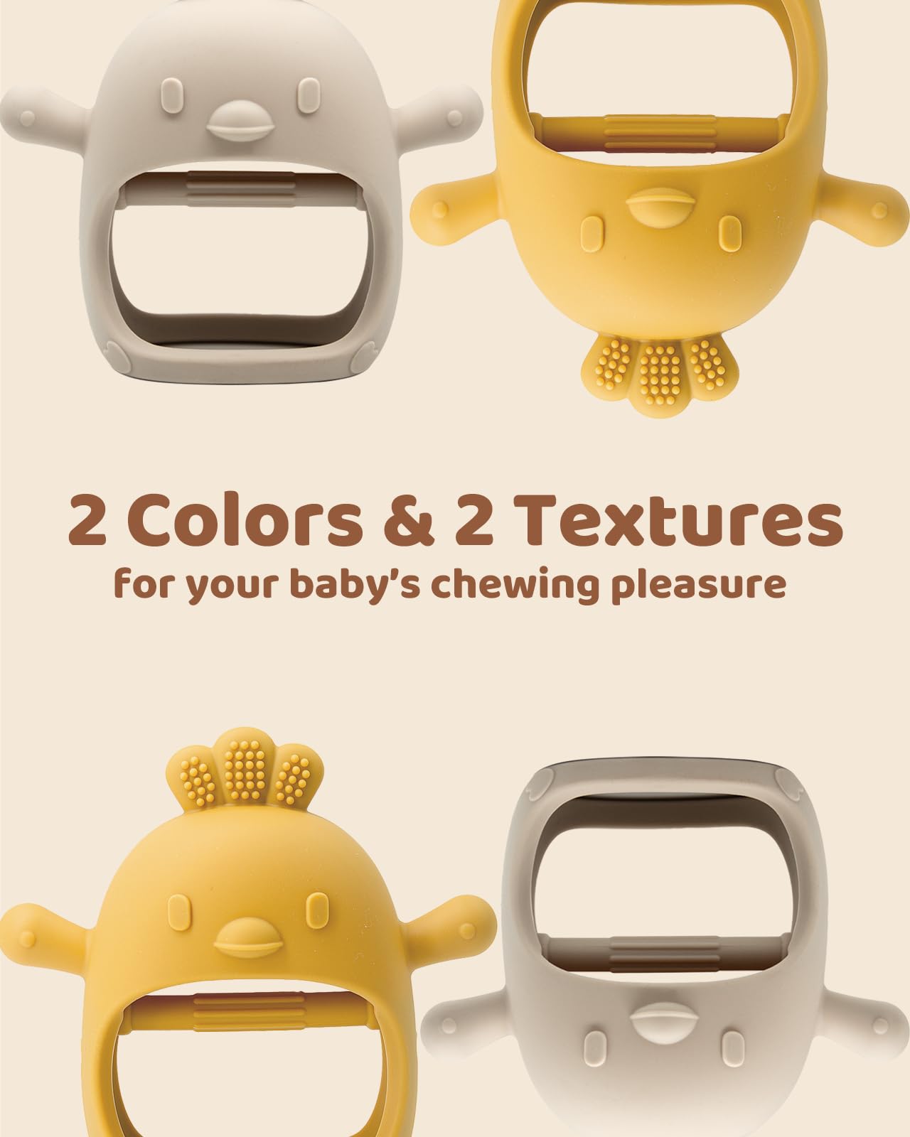 2 Packs Baby Teething Toy for 0-6 6-12 months, Food Grade Silicone Teething Mitten, Anti Dropping Wrist Hand Teethers Baby Chew Toys for Sucking Needs, BPA Free (Green & Caramel)