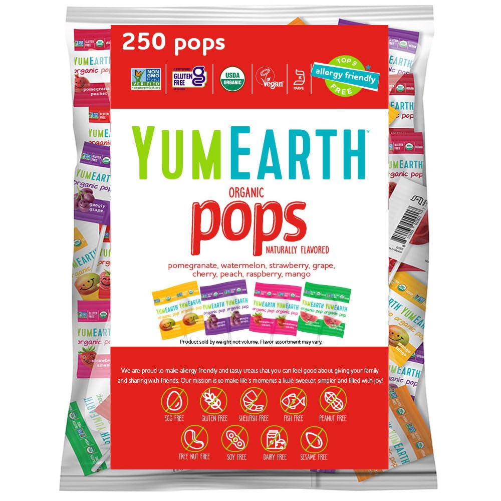 YumEarth Organic Pops Variety Pack, 14 Fruit Flavored Favorites Lollipops, Allergy Friendly, Gluten Free, Non-GMO, Vegan, No Artificial Flavors or Dyes