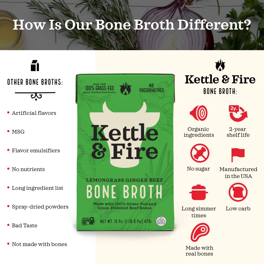 Kettle and Fire Classic Beef Bone Broth, Keto, Paleo, and Whole 30 Approved, Gluten Free, High in Protein and Collagen (6 Pack)