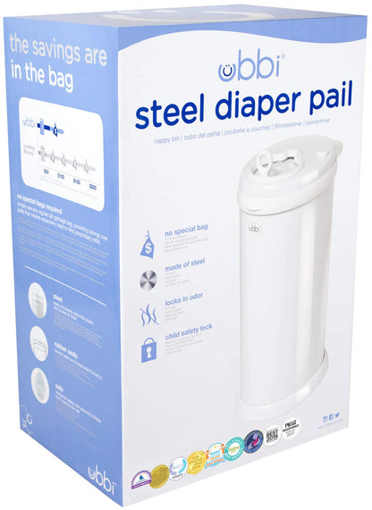 Ubbi Steel Diaper Pail, Odor Locking, No Special Bag Required, Award-Winning, Registry Must-Have, White