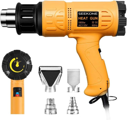 SEEKONE Heat Gun 1800W 122℉~1202℉（50℃- 650℃）Fast Heating Heavy Duty Hot Air Gun Kit Variable Temperature Control Overload Protection with 4 Nozzles for Crafts, Shrinking PVC, Stripping Paint(5.2FT)