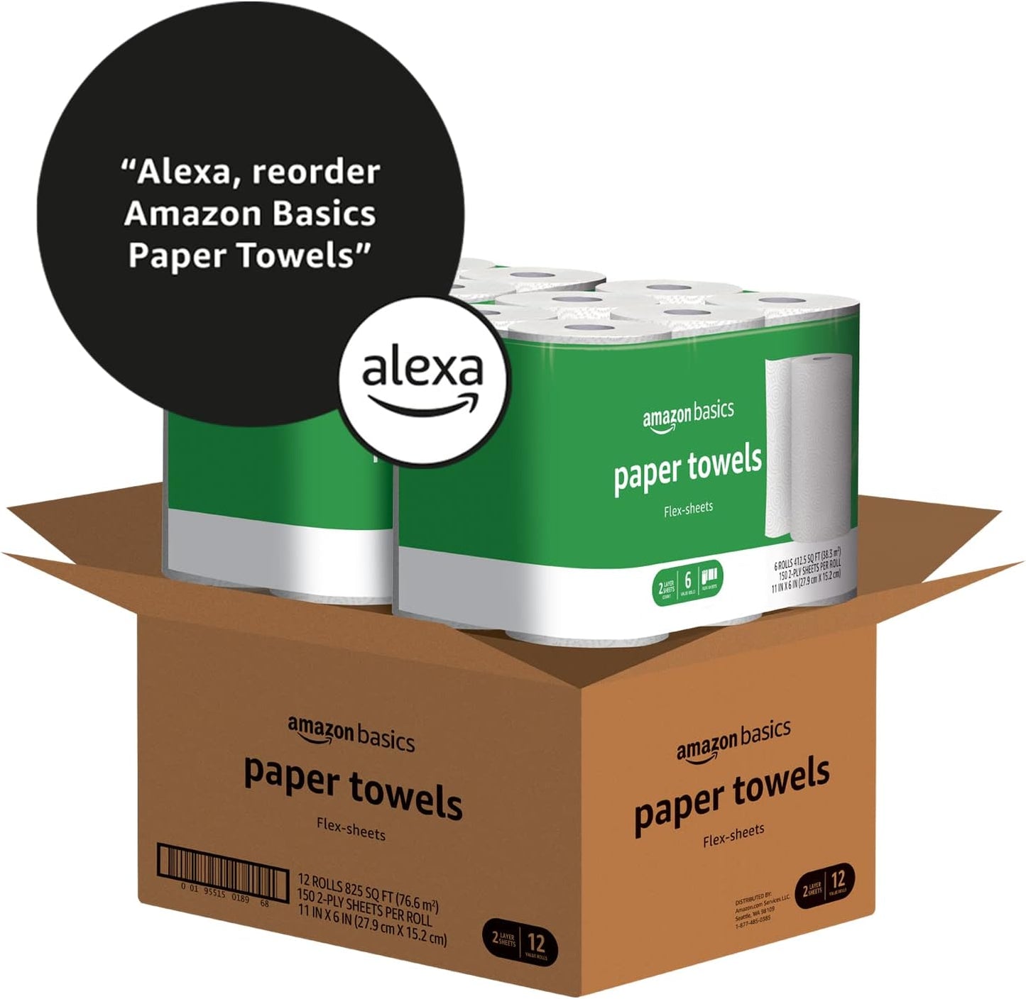 Amazon Basics 2-Ply Flex-Sheets Paper Towels, 12 Basics Rolls = 32 Regular Rolls, Everyday Value with 150 Sheets per Roll