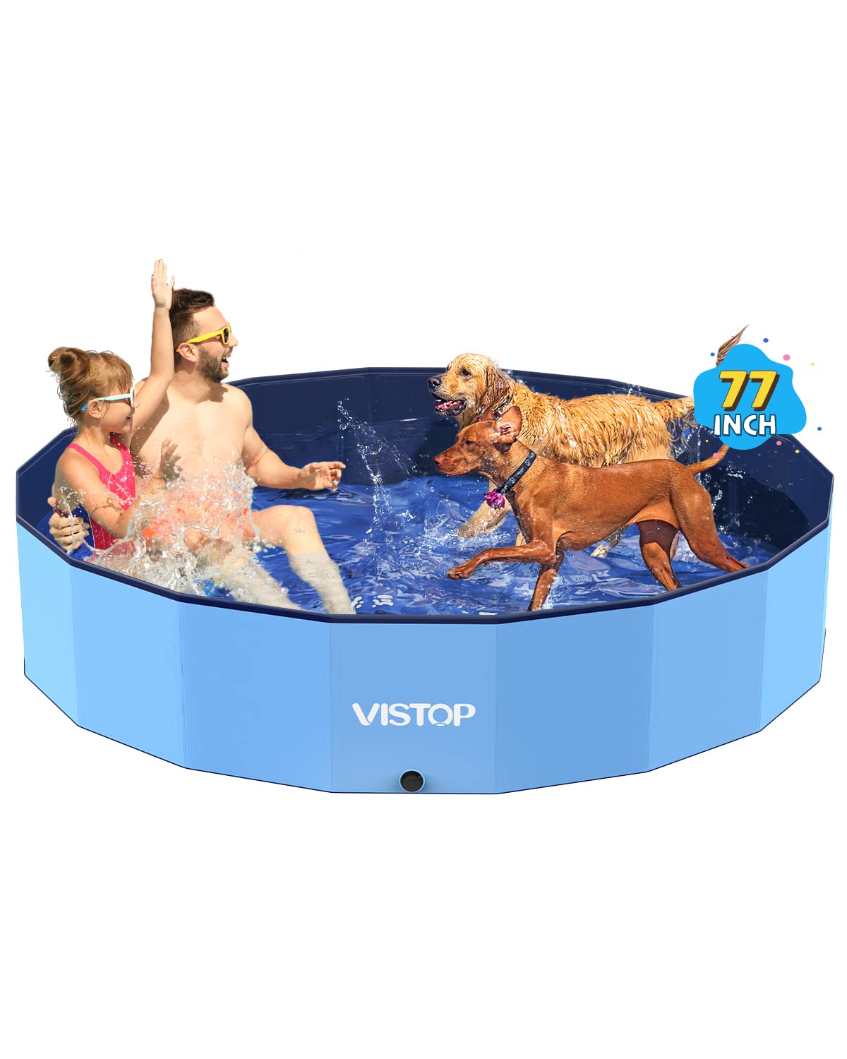 VISTOP Medium Foldable Dog Pool, Hard Plastic Shell Portable Swimming Pool for Dogs Cats and Kids Pet Puppy Bathing Tub Collapsible Kiddie Pool (37 inch.D x 7.8inch.H, Blue)