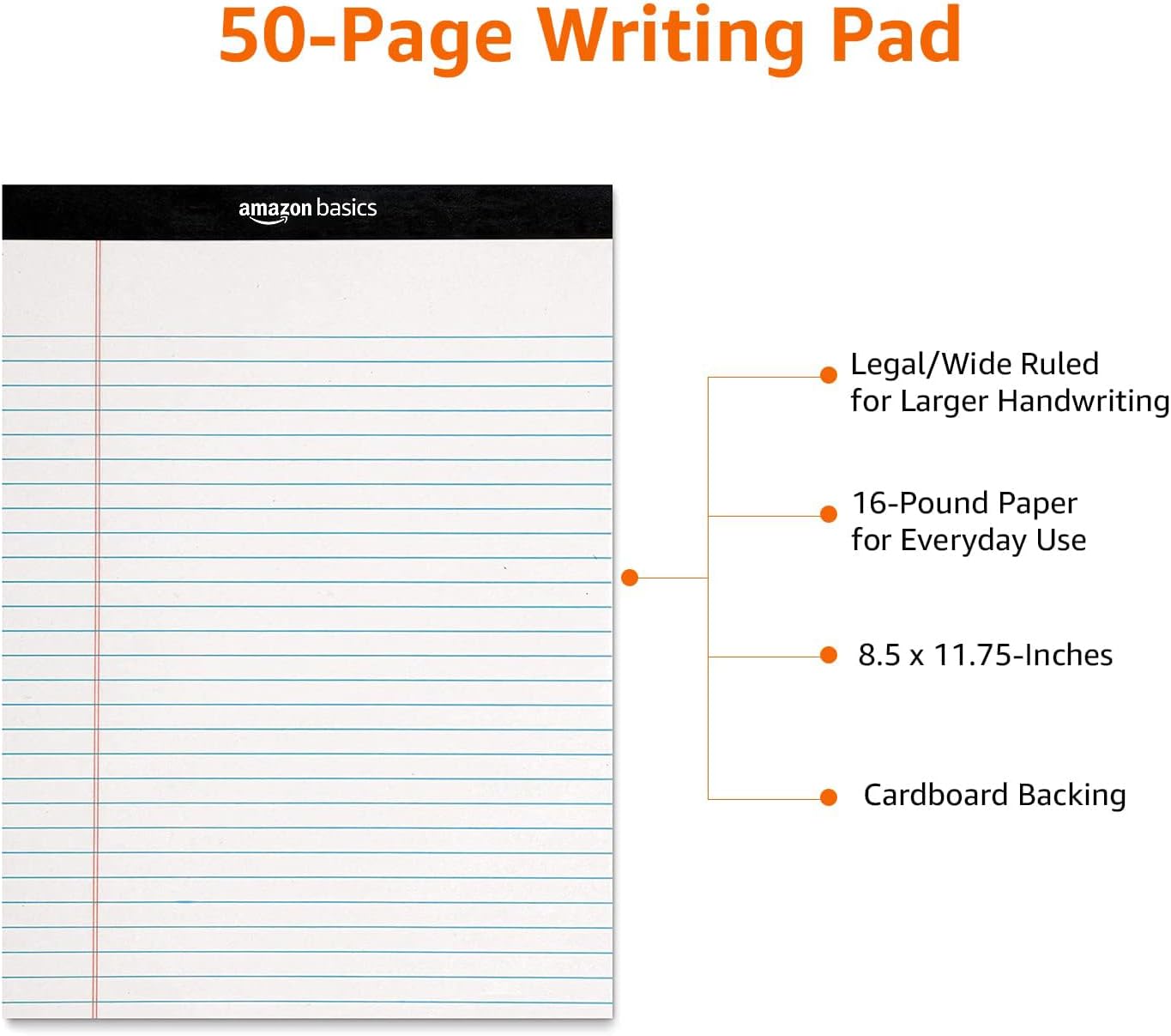 Amazon Basics Wide Ruled Lined Writing Note Pad, 8.5 inch x 11.75 inch, White, 12 Count ( 12 Pack of 50 )