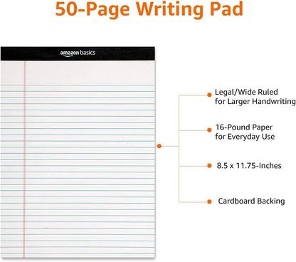 Amazon Basics Wide Ruled Lined Writing Note Pad, 8.5 inch x 11.75 inch, White, 12 Count ( 12 Pack of 50 )