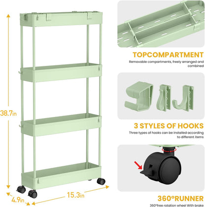 SPACELEAD Slim Storage Cart 4 Tier, Storage Organizer Rolling Utility/Mobile Shelving Unit Slide Out Storage Cart for Office, Bathroom, Kitchen, Laundry Room & Narrow Places， Green