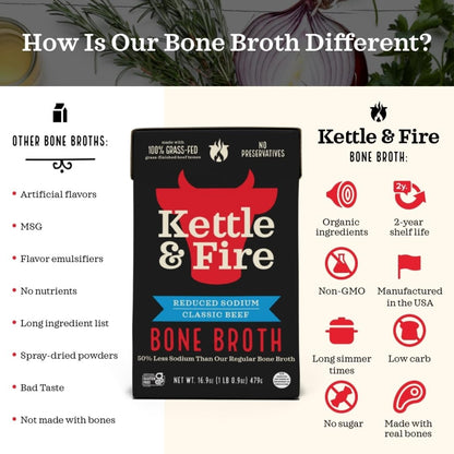 Kettle and Fire Classic Beef Bone Broth, Keto, Paleo, and Whole 30 Approved, Gluten Free, High in Protein and Collagen (6 Pack)