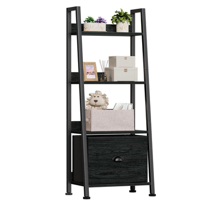 Furologee 4-Tier Ladder Shelf, Ladder Bookshelf with Removable Drawer, Bookcase Storage Rack Organizer, Freestanding Storage Shelves for Living Room, Home Office, Bedroom, Black Oak