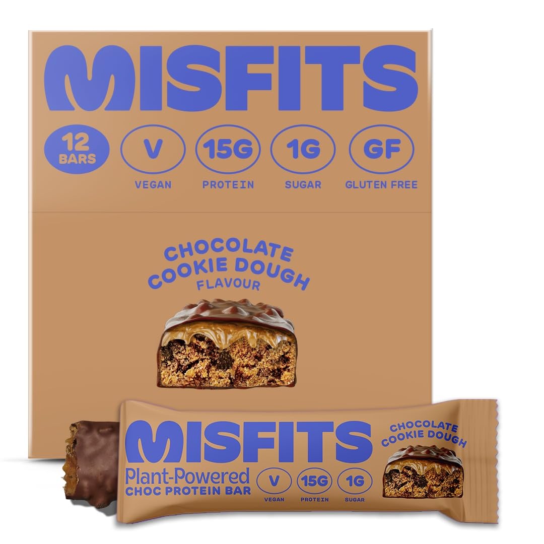 Misfits Vegan Protein Bar, Variety Pack, Plant Based Chocolate Protein Bars, High Protein Snacks for Adults with 15g Plant Protein Per Bar, Low Carb, 1g Sugar, High Fiber, Healthy Snack Food, 12 Pack