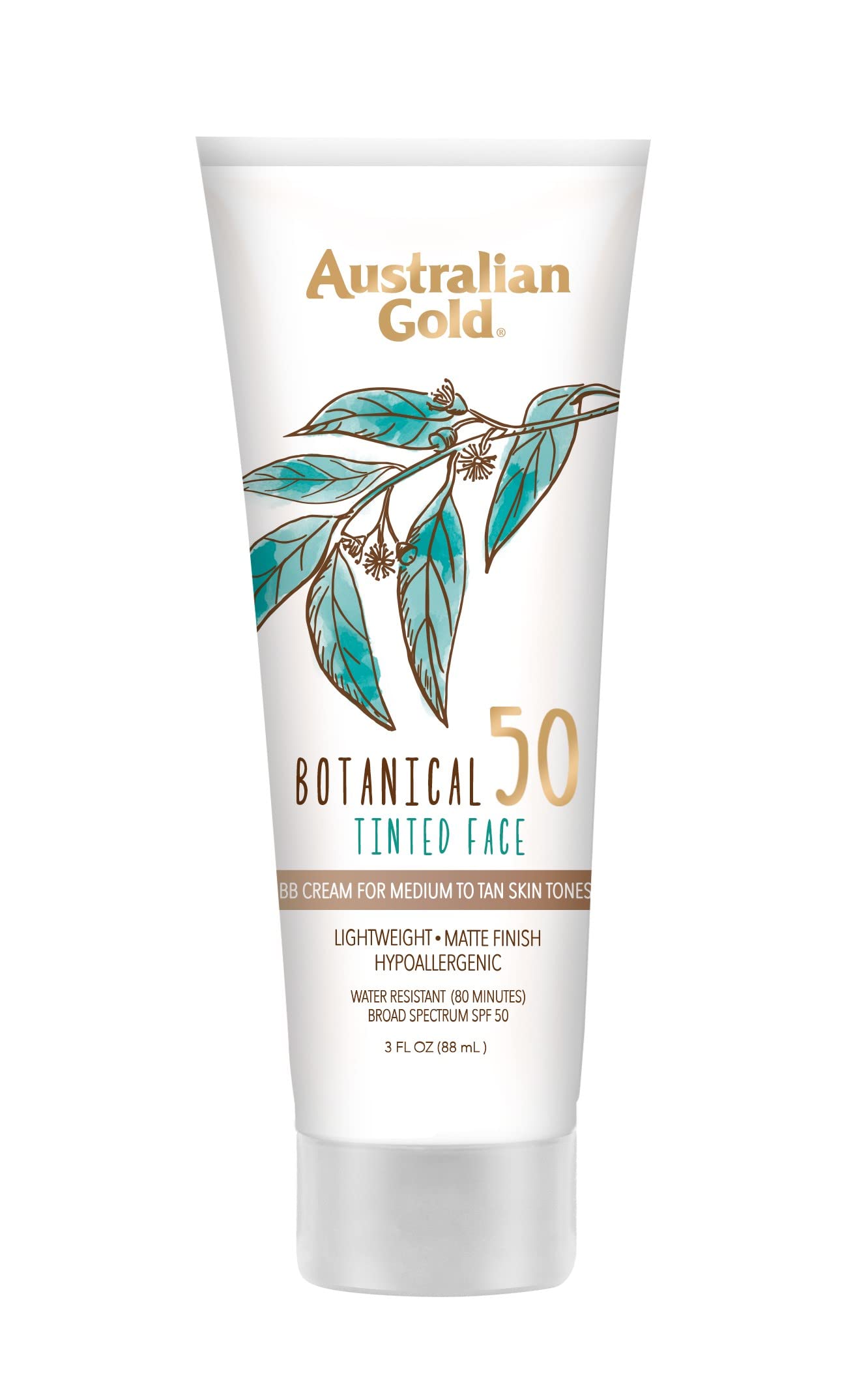 Australian Gold Botanical SPF 50 Tinted Face Sunscreen, Non-Chemical BB Cream, Water-Resistant, Matte Finish, Sensitive Skin, 3 FL Oz