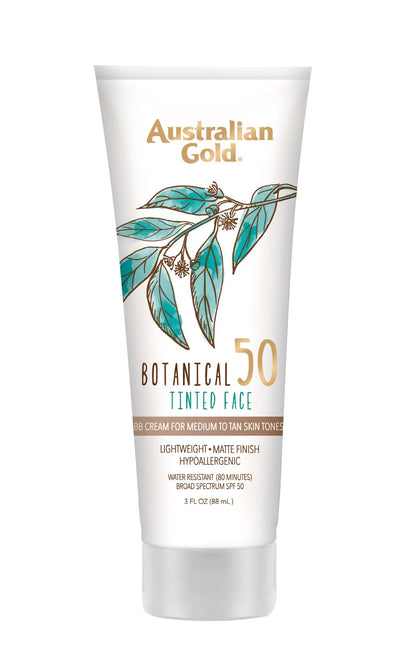 Australian Gold Botanical SPF 50 Tinted Face Sunscreen, Non-Chemical BB Cream, Water-Resistant, Matte Finish, Sensitive Skin, 3 FL Oz