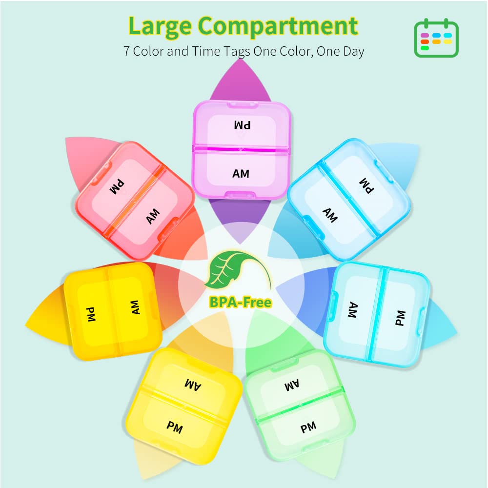 Zoksi Weekly Pill Organizer 2 Times a Day, Rainbow 7 Day Pill Box, Daily Am Pm Pill Organizer, Portable Case for Fish Oils, Vitamin, Supplement