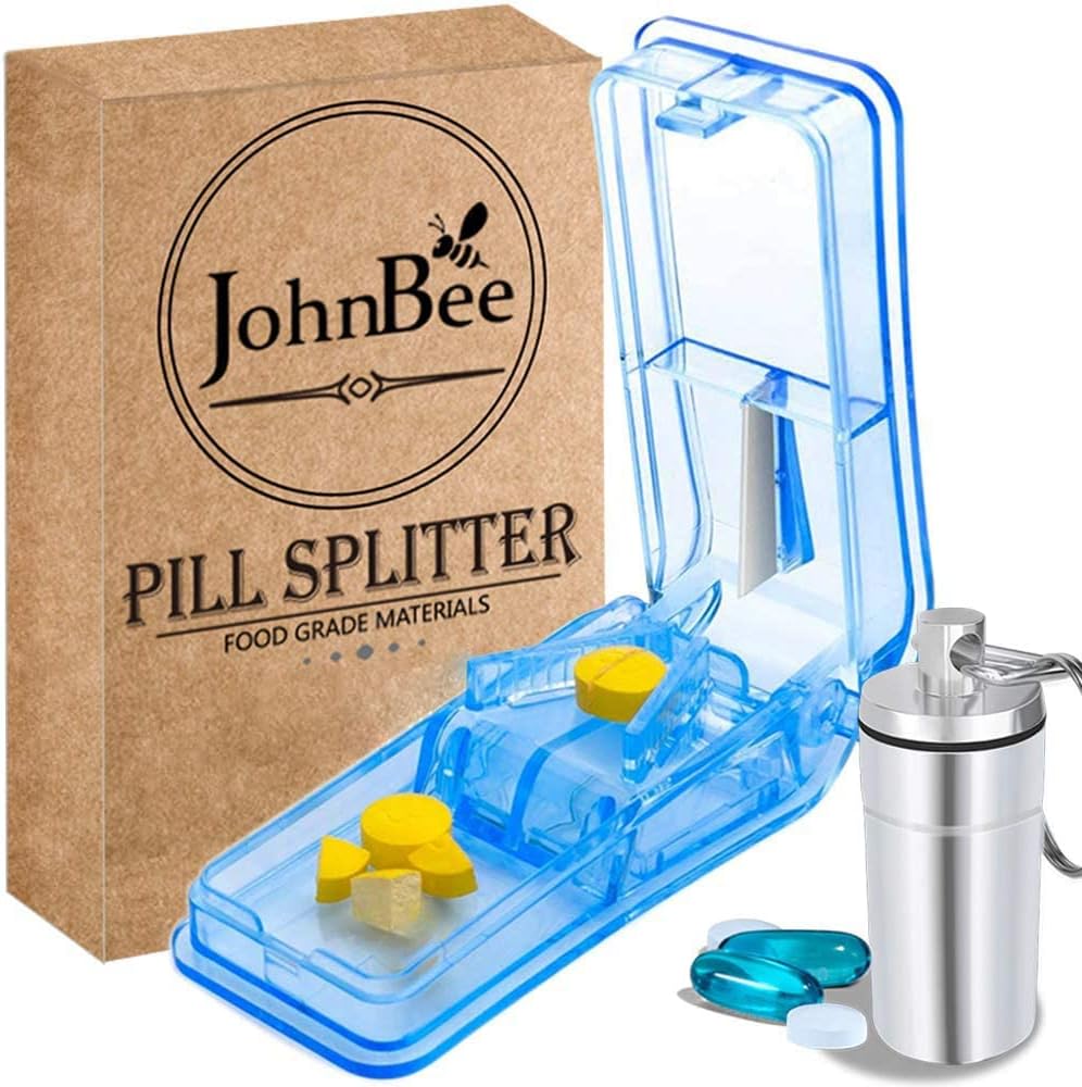 JohnBee Pill Cutter - Best Pill Cutter for Small or Large Pills - Design in The USA - Cuts Vitamins - Pill Splitter with Shield - includes Keychain Pill Holder and Small Cleaning Brush (Blue)