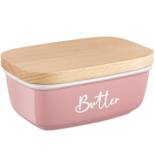 ALELION Pink Butter Dish with Lid for Countertop - Ceramic Farmhouse Butter Keeper Container with Thick Beech Wood Lid - Pink Kitchen Home Decor and Accessories for Kitchen Gifts