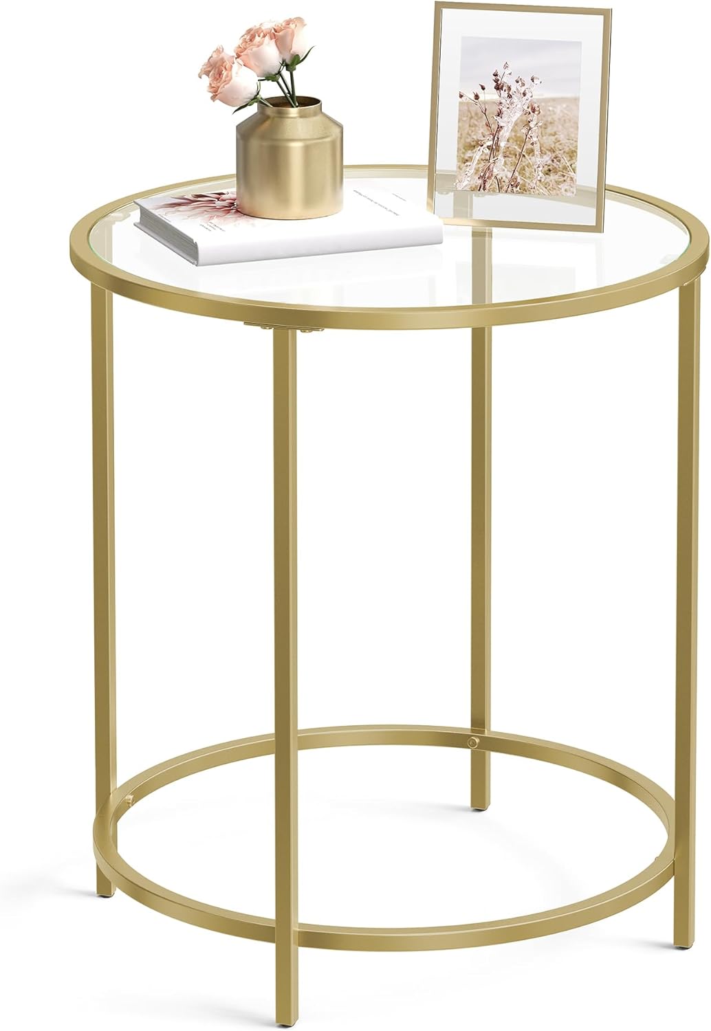 VASAGLE Round Side Table, Glass End Table with Metal Frame, Gold Coffee Table with Modern Style, for Living Room, Balcony, Bedroom, Gold Color