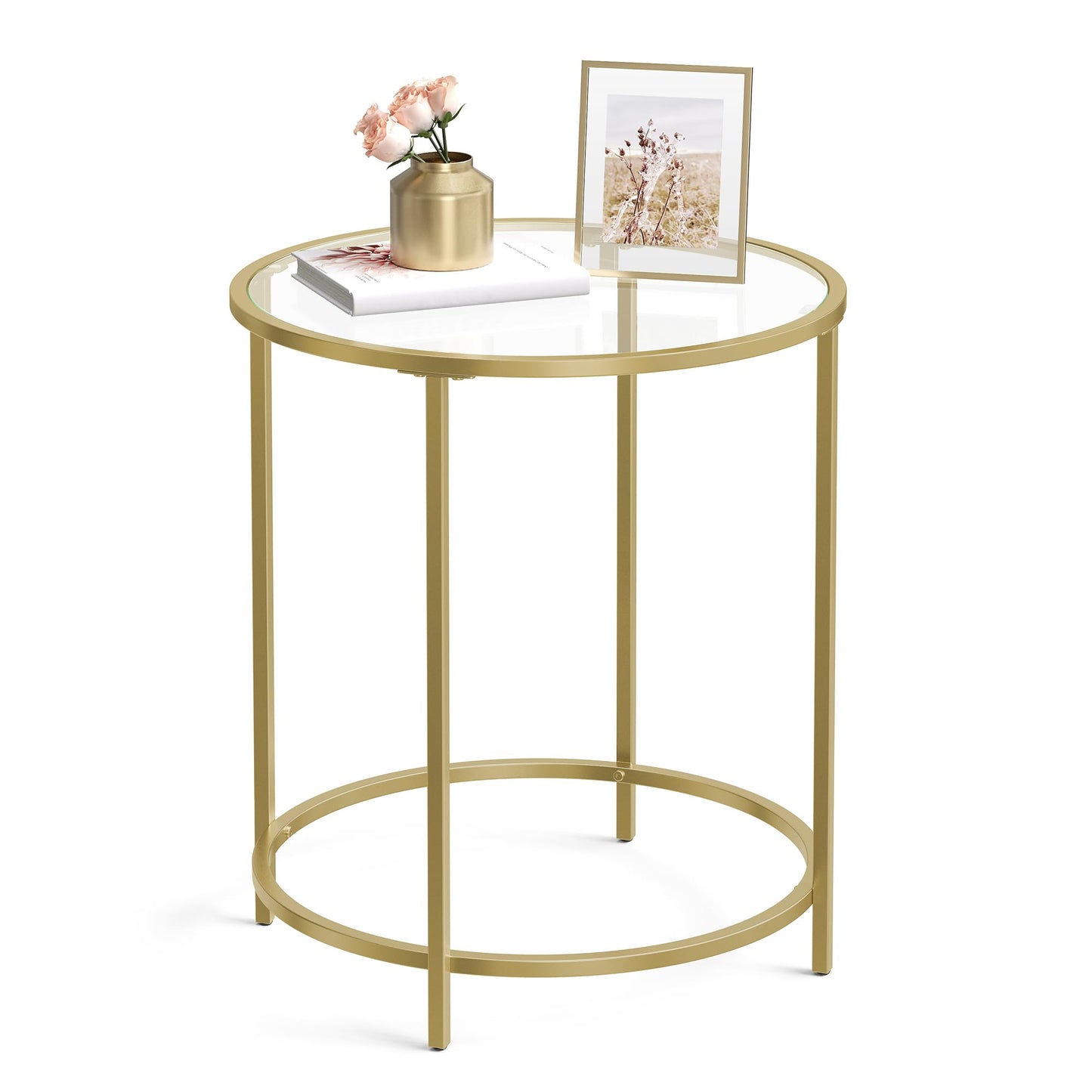 VASAGLE Round Side Table, Glass End Table with Metal Frame, Gold Coffee Table with Modern Style, for Living Room, Balcony, Bedroom, Gold Color