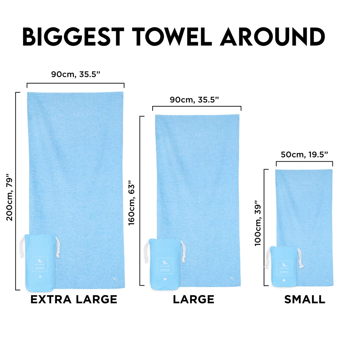 Dock & Bay Beach Towel - Quick Dry, Sand Free - Compact, Lightweight - 100% Recycled - includes Bag - Cabana - Bondi Blue - Extra Large (200x90cm, 78x35)