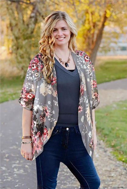 Women's Floral Print Puff Sleeve Kimono Cardigan Loose Cover Up Casual Blouse Tops