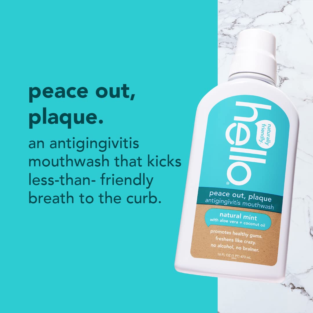 Hello Peace Out Plaque, Antigingivitis Alcohol Free Mouthwash, Natural Mint with Aloe Vera and Coconut Oil, Fluoride Free, Vegan, SLS Free and Gluten Free, 16 Ounce (Pack of 3)