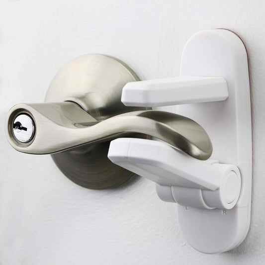 Door Lever Lock (2 Pack) Prevents Toddlers From Opening Doors. 3.25" L * 1.5" W * 4.5" H Easy One Hand Operation for Adults. Durable ABS with 3M Adhesive Backing. Simple Install, No Tools Needed.