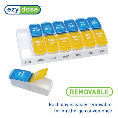 EZY DOSE Weekly (7-Day) AM/PM Pill Case, Medicine Planner, Vitamin Organizer Box, Small Pop-out Compartments, 2 Times a Day, Blue and Purple Lids, BPA Free