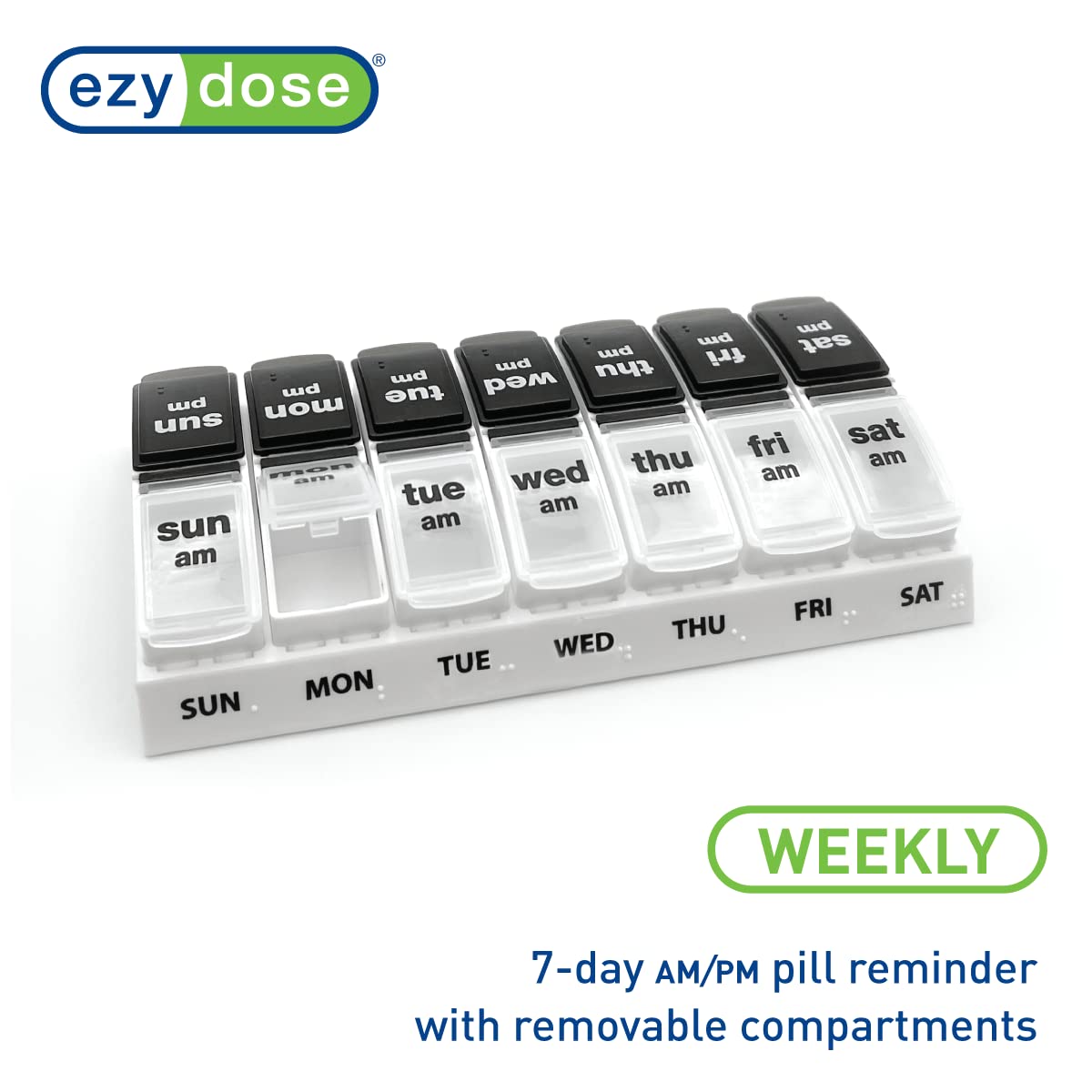 EZY DOSE Weekly (7-Day) AM/PM Pill Case, Medicine Planner, Vitamin Organizer Box, Small Pop-out Compartments, 2 Times a Day, Blue and Purple Lids, BPA Free