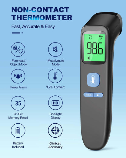 ANMEATE No-Touch Forehead Thermometer for Adults, Infrared Digital Thermometer for Kids, Touchless Baby Thermometer, Accurate Reading with Large Display, Mute Mode, Memory Recall, Fever Alarm