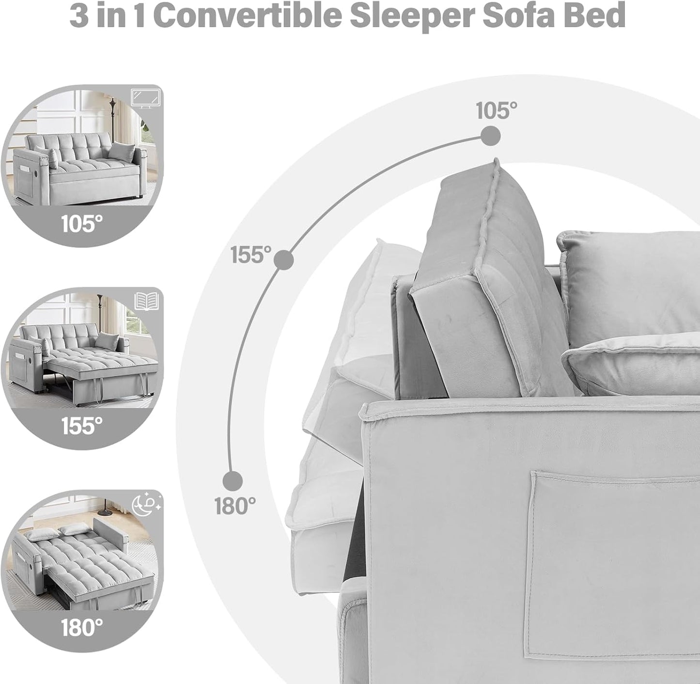 Convertible Sofa Bed,3-in-1 Velvet Sleeper Couch Pull-Out Bed,55'' Loveseat Sleeper Sofa Bed with Adjustable Backrest with 2 Pillows and Storage Bag & USB Port and Hidden Side Computer Table,Gray