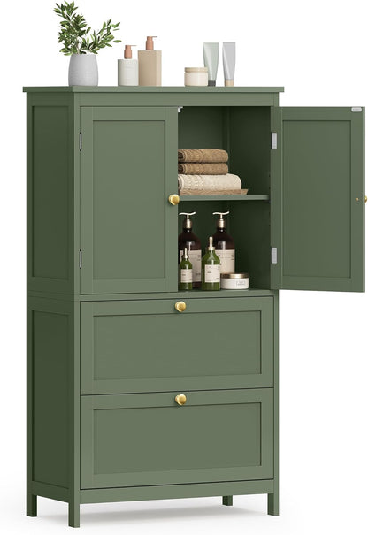 VASAGLE Bathroom Floor Storage Cabinet, Bathroom Storage Unit, Freestanding Cabinet with 2 Drawers and 2 Doors, Adjustable Shelf, 11.8 x 23.6 x 43.3 Inches, Forest Green UBBC551C01