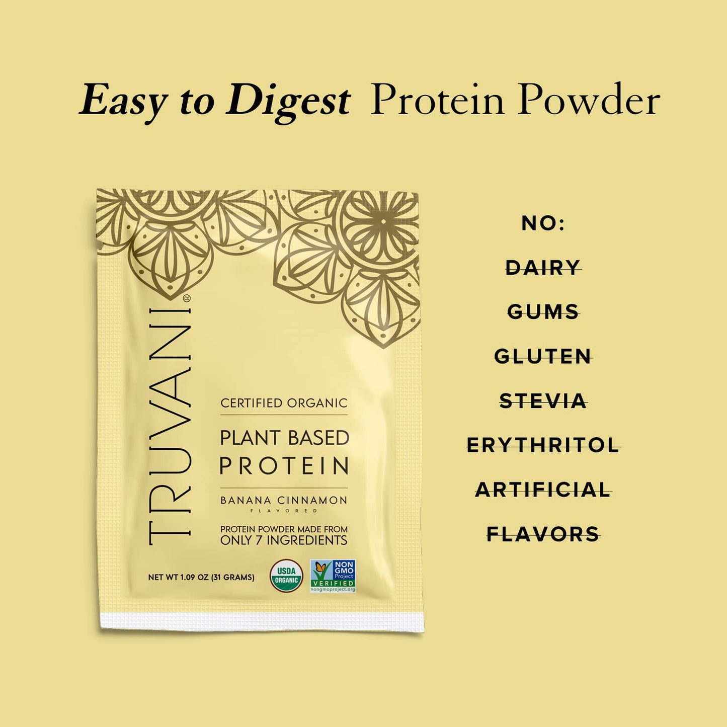 Truvani Vegan Pea Protein Powder | Banana Cinnamon | 20g Organic Plant Based Protein | 1 Serving | Keto | Gluten & Dairy Free | Low Carb | No Added Sugar