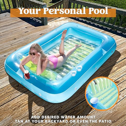 Sloosh Inflatable Tanning Pool Lounge Float, 70" x 46" Suntan Tub Raft Floatie, Tanning Pool with Pillow, Personal Pool Lounger for Adult Summer Water Party, L-Blue