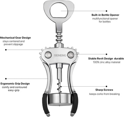 Wine Opener, Zinc Alloy Premium Wing Corkscrew Wine Bottle Opener with Multifunctional Bottles Opener, Sharp Corkscrew with Ergonomic Non-slip Wing Handle, Upgrade