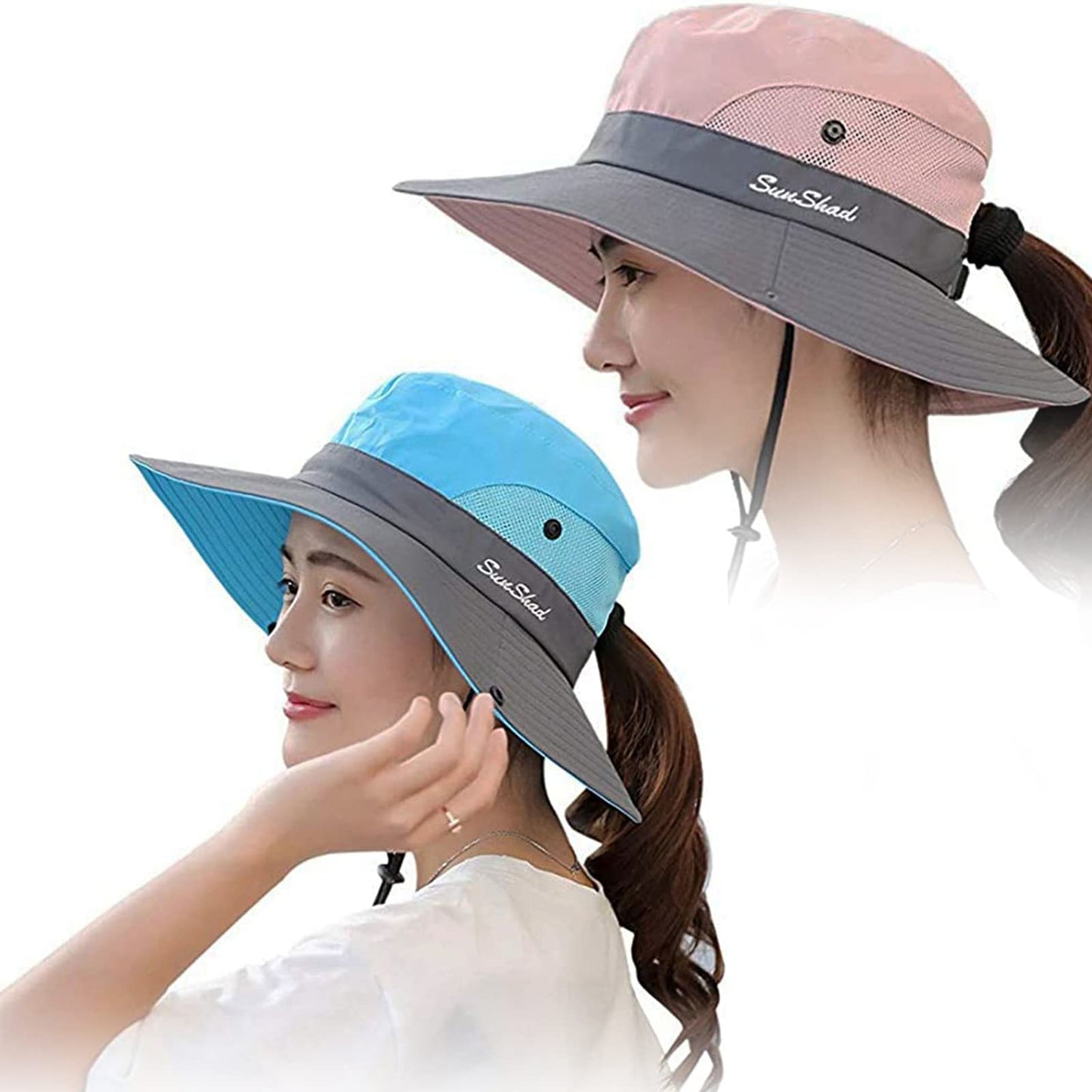 Women's Outdoor UV-Protection-Foldable Sun-Hats Mesh Wide-Brim Beach Fishing Hat with Ponytail-Hole