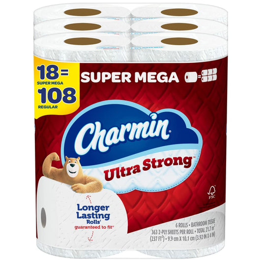 Charmin Ultra Strong Toilet Paper, 18 Super Mega Rolls = 108 Regular Rolls