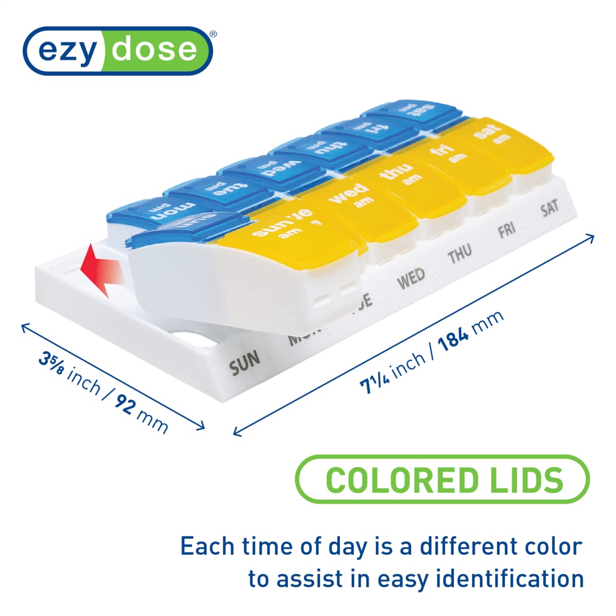 EZY DOSE Weekly (7-Day) AM/PM Pill Case, Medicine Planner, Vitamin Organizer Box, Small Pop-out Compartments, 2 Times a Day, Blue and Purple Lids, BPA Free