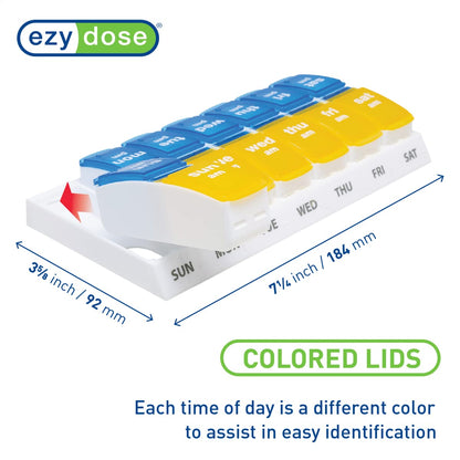 EZY DOSE Weekly (7-Day) AM/PM Pill Case, Medicine Planner, Vitamin Organizer Box, Small Pop-out Compartments, 2 Times a Day, Blue and Purple Lids, BPA Free