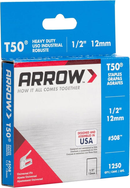 Arrow 508 Heavy Duty T50 1/2-Inch Leg Length, 3/8-Inch Crown, Staples for Upholstery, Construction, Furniture, Crafts, 1250 Count(Pack of 1)