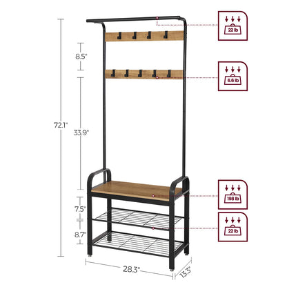 VASAGLE Coat Rack, Hall Tree with Shoe Bench for Entryway, Entryway Bench with Coat Rack, 4-in-1, with 9 Removable Hooks, a Hanging Rod, 13.3 x 28.3 x 72.1 Inches, Honey Brown and Black UHSR040B05