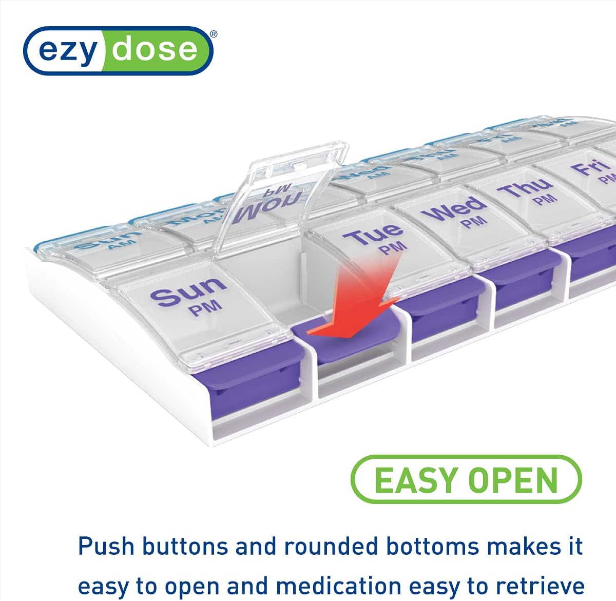 EZY DOSE Push Button (7-Day) Pill Case, Medicine Planner, Vitamin Organizer, 2 Times a Day AM/PM, X-Large Compartments, Arthritis Friendly, Clear Lids, Purple and Blue, BPA Free