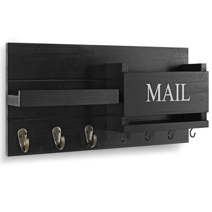 Mail Organizer for Wall Mount – Key Holder with Shelf includes Letter Holder and Hooks for Hallway Farmhouse Decor – Rustic Wood with Flush Mounting Hardware (16.5” x 9.1” x 3.4”) (Black)