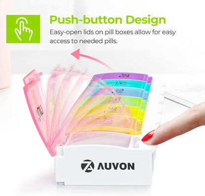 AUVON Weekly Pill Organizer Arthritis Friendly, BPA Free Travel 7 Day Pill Box Case with Spring Open Design and Large Compartment to Hold Vitamins, Cod Liver Oil, Supplements and Medication