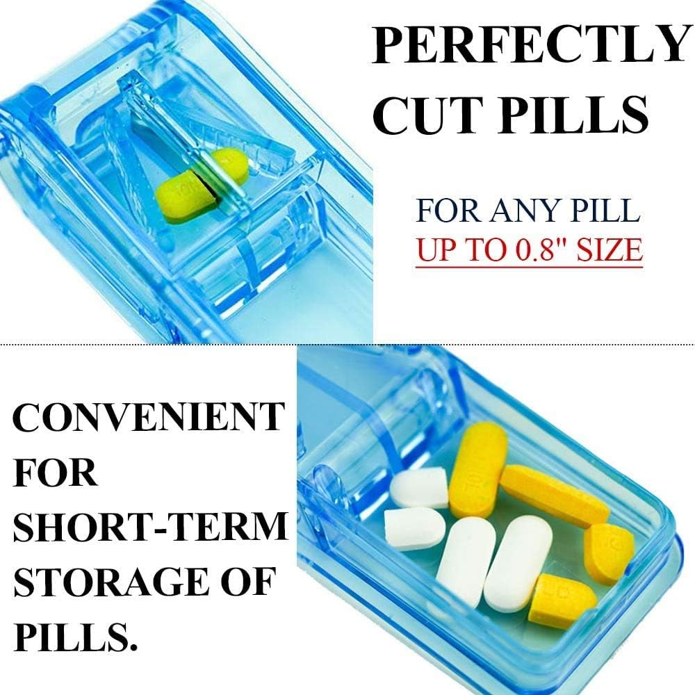 JohnBee Pill Cutter - Best Pill Cutter for Small or Large Pills - Design in The USA - Cuts Vitamins - Pill Splitter with Shield - includes Keychain Pill Holder and Small Cleaning Brush (Blue)