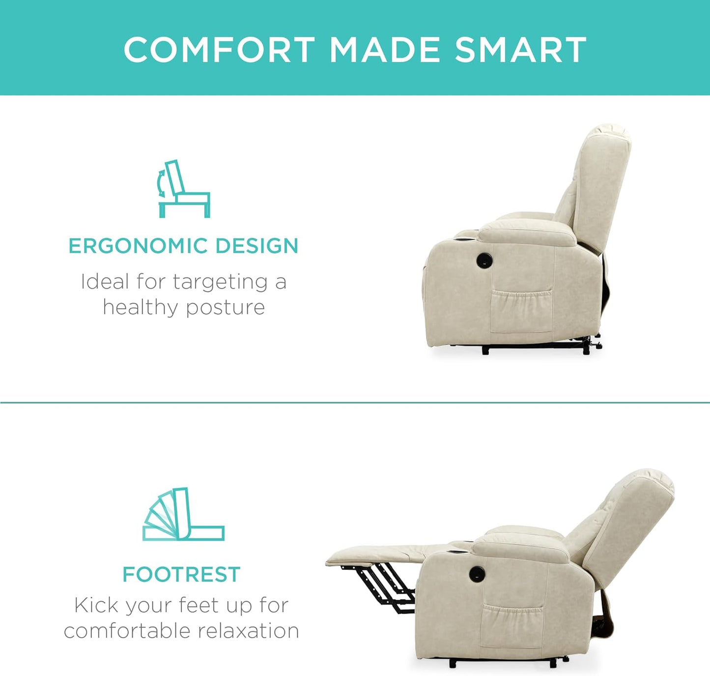 Best Choice Products PU Leather Electric Power Lift Chair, Recliner Massage Chair, Adjustable Furniture for Back, Legs w/ 3 Positions, USB Port, Heat, Cupholders, Easy-to-Reach Side Button - Beige