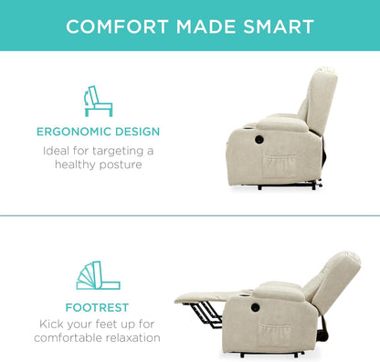 Best Choice Products PU Leather Electric Power Lift Chair, Recliner Massage Chair, Adjustable Furniture for Back, Legs w/ 3 Positions, USB Port, Heat, Cupholders, Easy-to-Reach Side Button - Beige