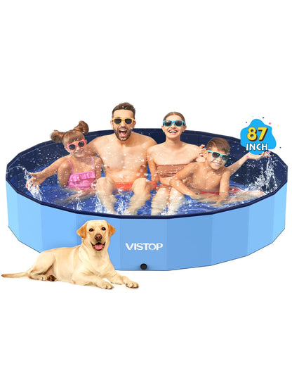 VISTOP Medium Foldable Dog Pool, Hard Plastic Shell Portable Swimming Pool for Dogs Cats and Kids Pet Puppy Bathing Tub Collapsible Kiddie Pool (37 inch.D x 7.8inch.H, Blue)