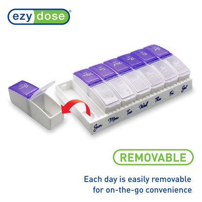 EZY DOSE Weekly (7-Day) AM/PM Pill Case, Medicine Planner, Vitamin Organizer Box, Small Pop-out Compartments, 2 Times a Day, Blue and Purple Lids, BPA Free